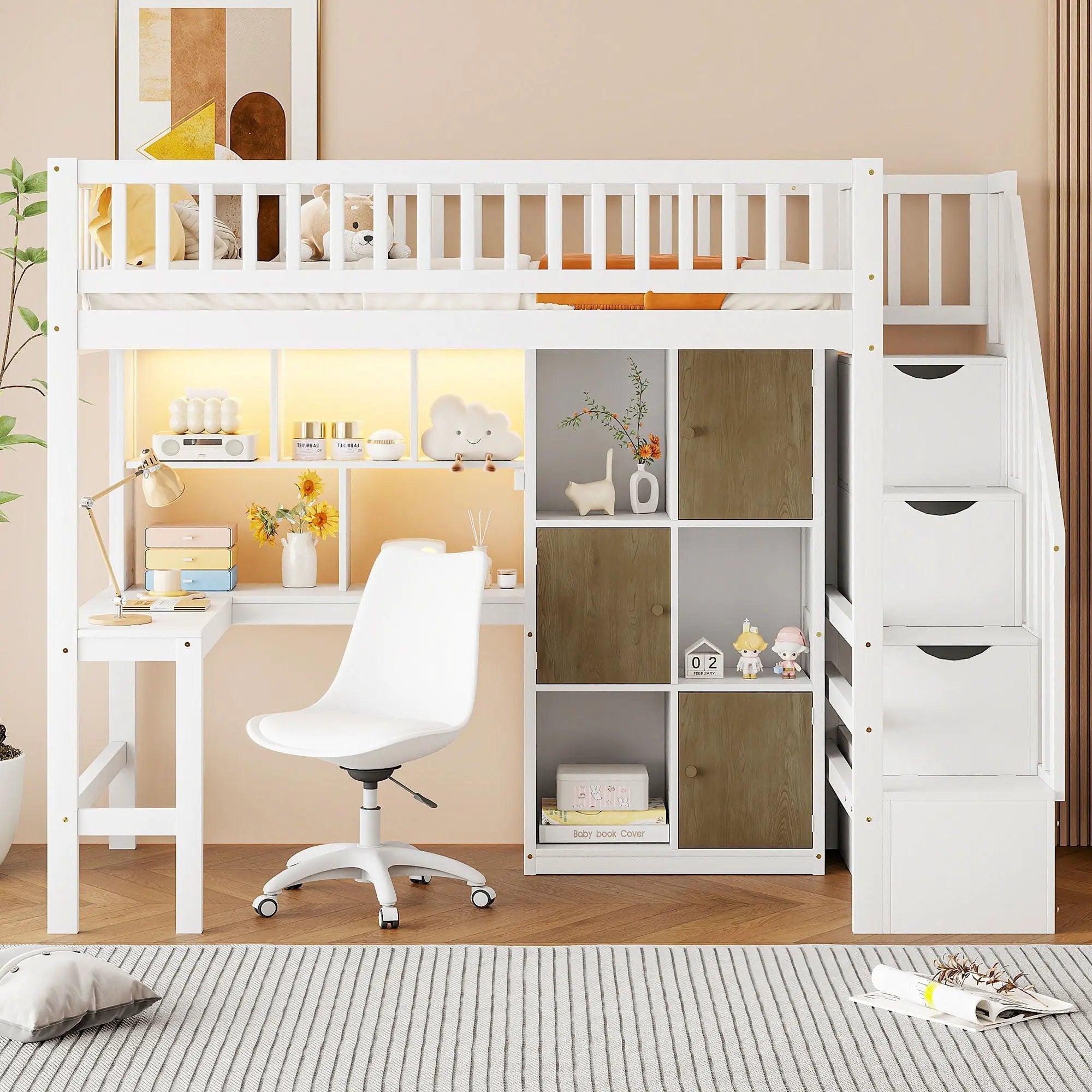 Loft Bed With Built In L Shaped Desk, LED Lights, Storage Shelves, Cabinets, And Staircase by HouseOfZazla