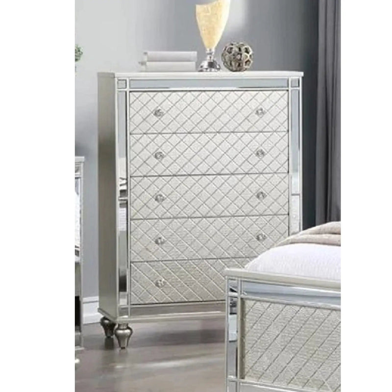 5 Drawer Bedroom Chest With Diamond Patterned Fronts - Silver by Unique Piece Furniture