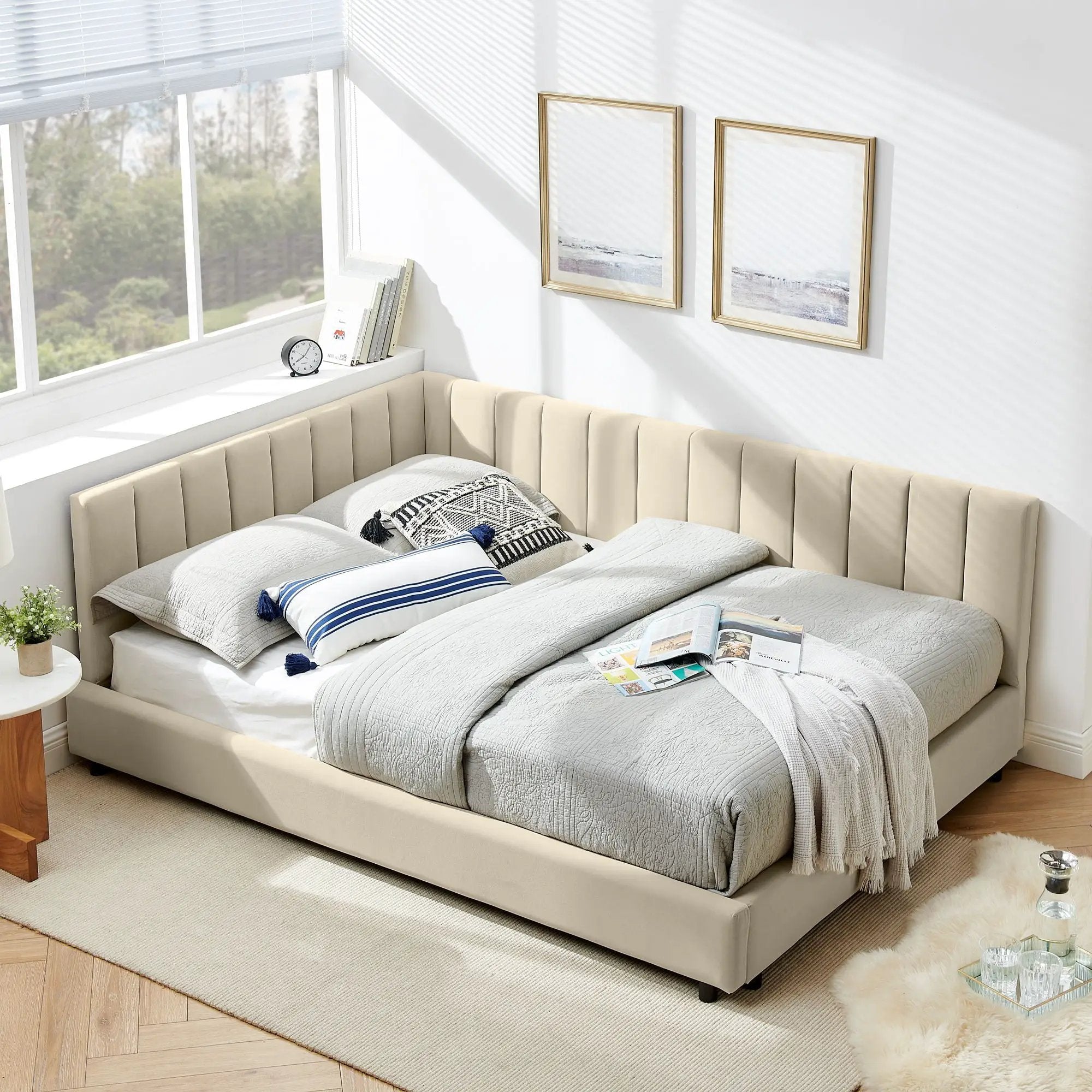 Mid-Century Upholstered Tufted Bed Frame With Backrest And Armrests by Unique Piece Furniture