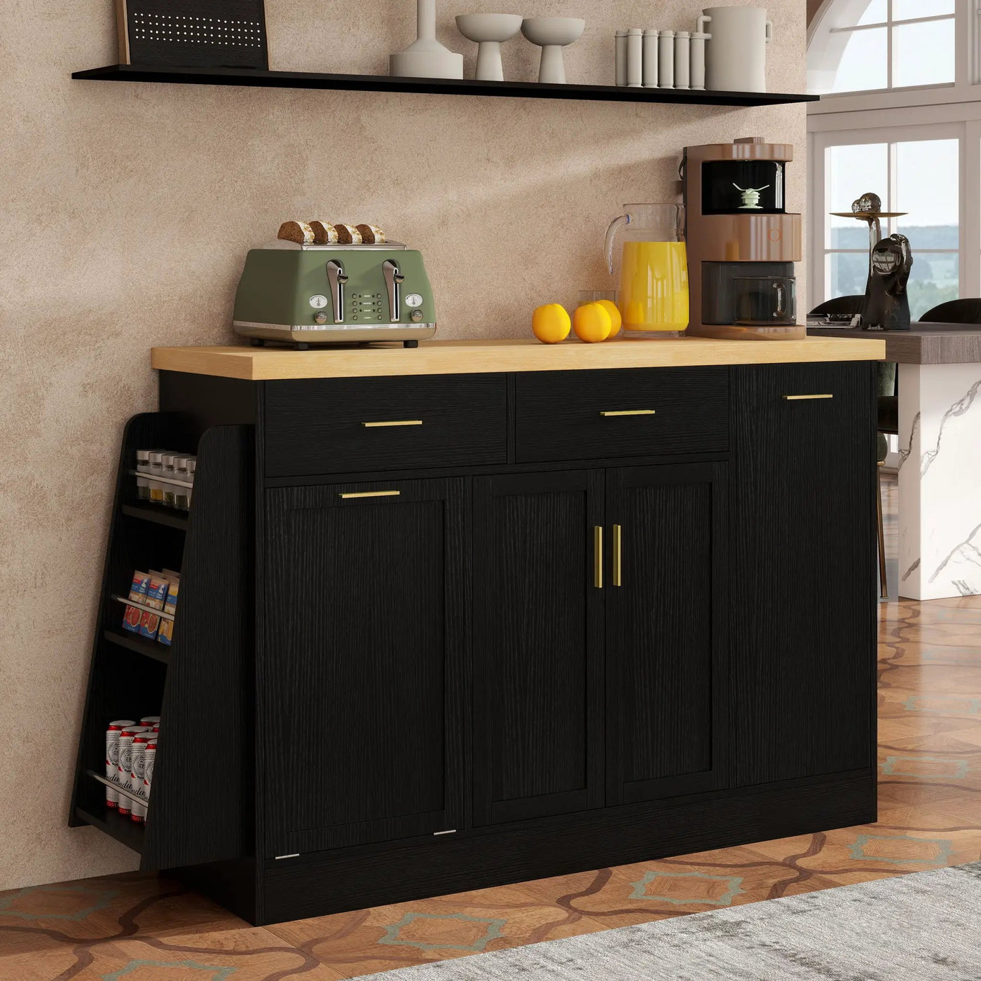 Kitchen Sideboard With Sliding Door Cabinet, 3 Tier Spice Rack by HouseOfZazla