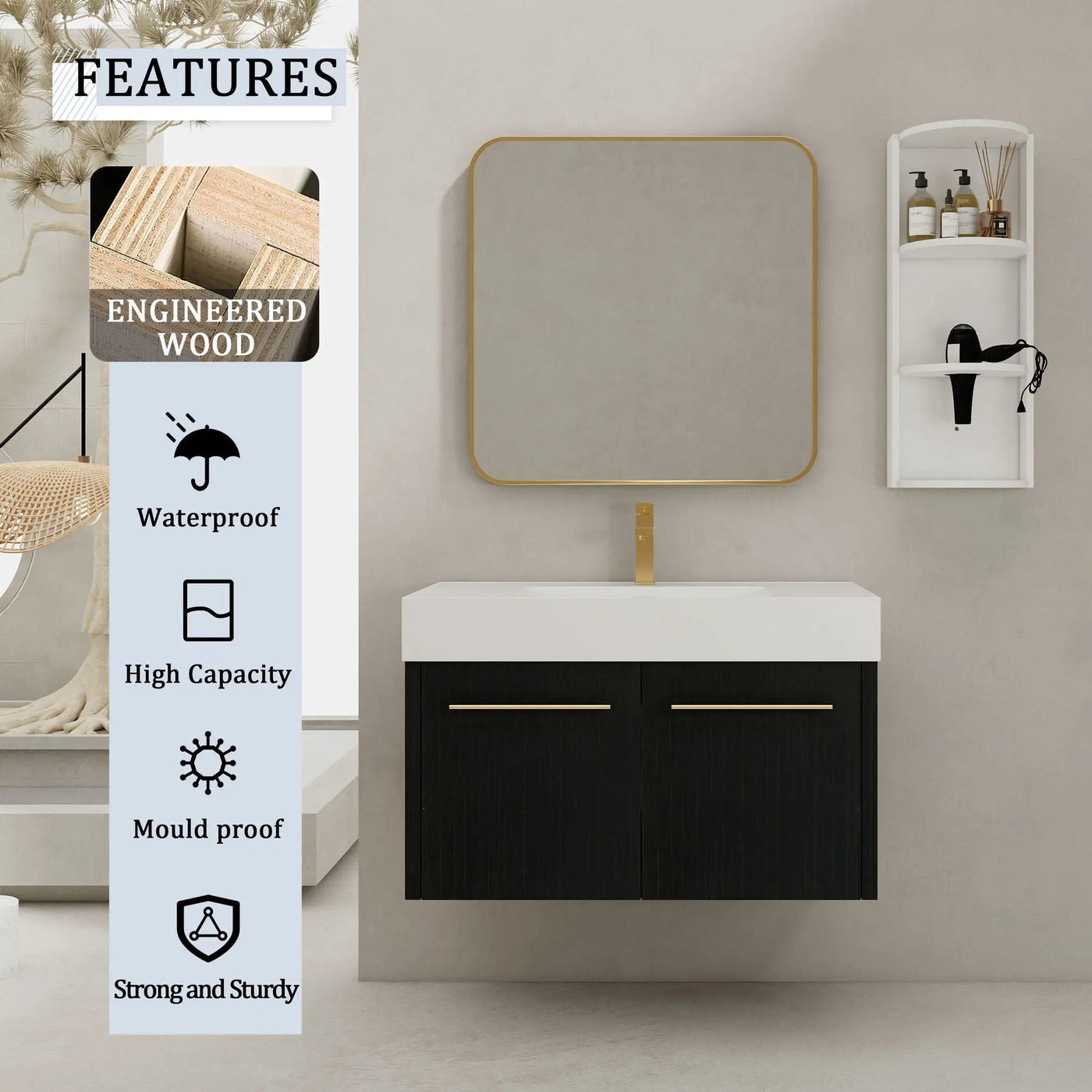 Modern Wall Mounted Bathroom Vanity with Resin Sink and Storage Rack by HouseOfZazla