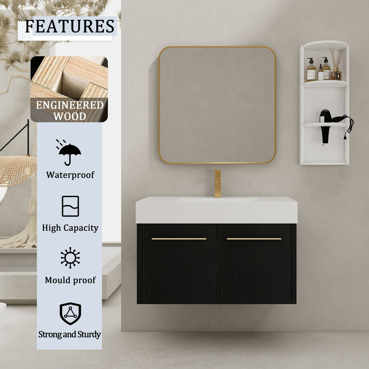 Modern Wall Mounted Bathroom Vanity with Resin Sink - Black, photo 13 of 16