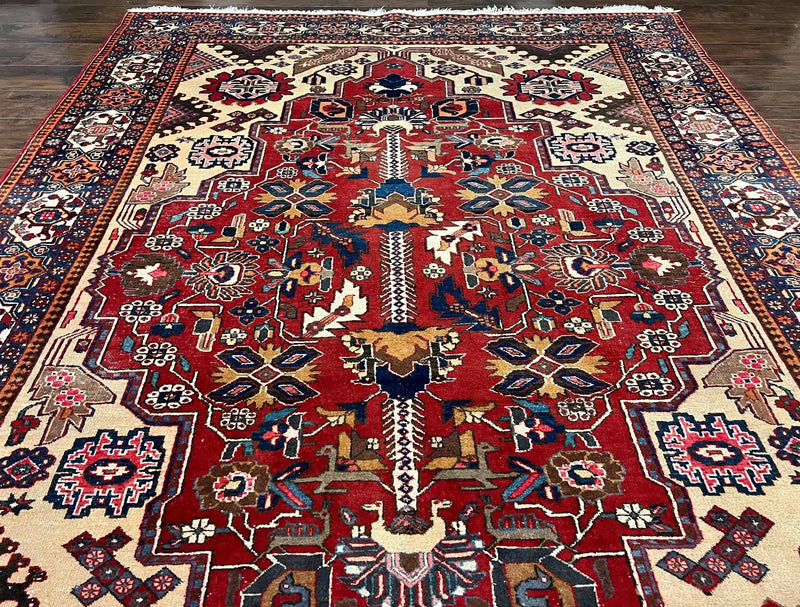Antique Persian Heriz Rug 8x12 ft, Geometric Tribal Room Sized Carpet, Camel Hair Red Navy Blue, Wool Hand Knotted Medallion Oriental Carpet by Jewel Rugs