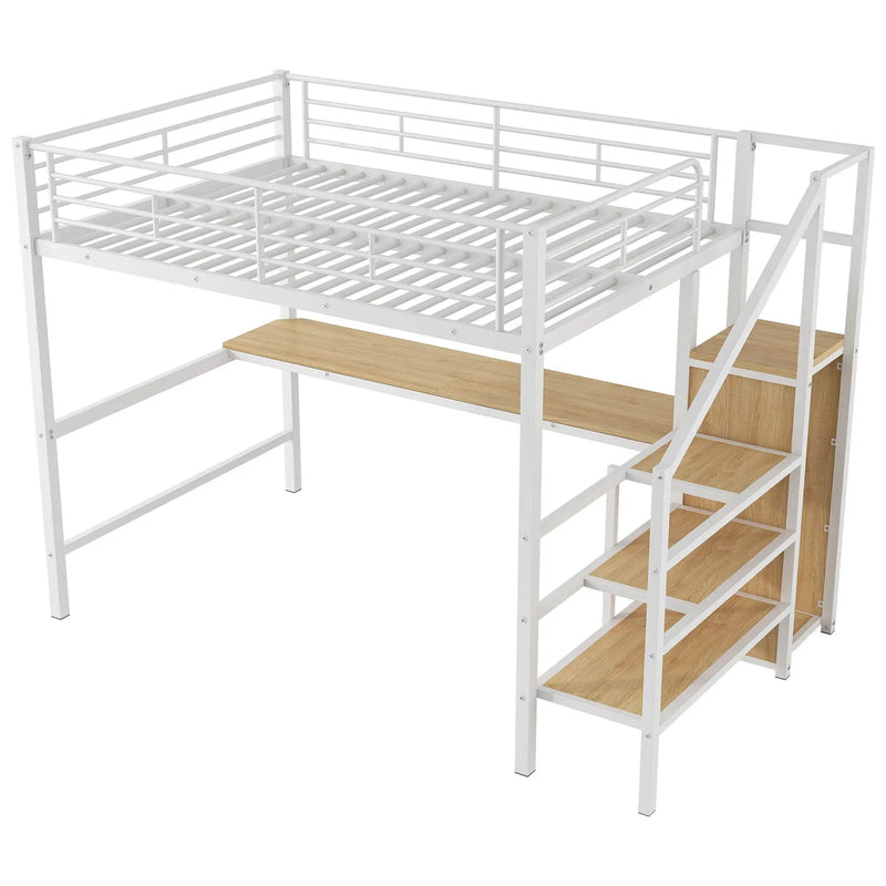 Loft Bed With Desk, Storage Staircase, Small Wardrobe And LED Light