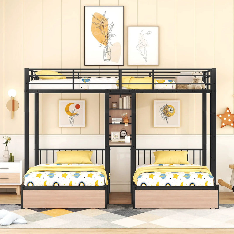 Triple Bunk Bed With Drawers, Multi-Functional Frame With Desks And Shelves In The Middle by Unique Piece Furniture