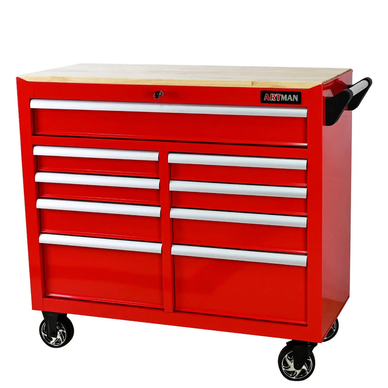9 Drawer Multifunctional Steel Tool Cart With Wheels And Wooden Top by HouseOfZazla