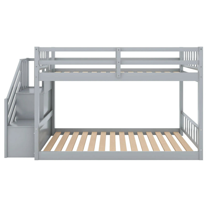 Twin Over Twin Floor Bunk Bed, Ladder With Storage by Unique Piece Furniture