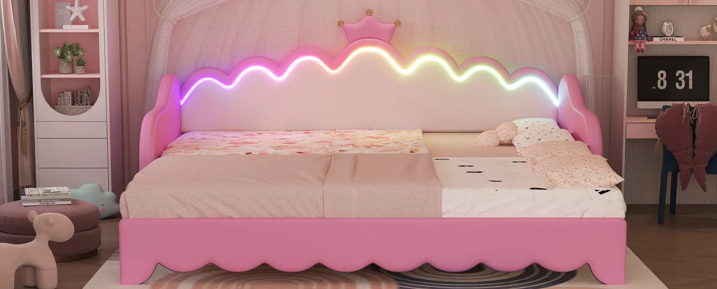 Extending Daybed With LED Lights, Modern Upholstered Princess Daybed With Crown Headboard by HouseOfZazla
