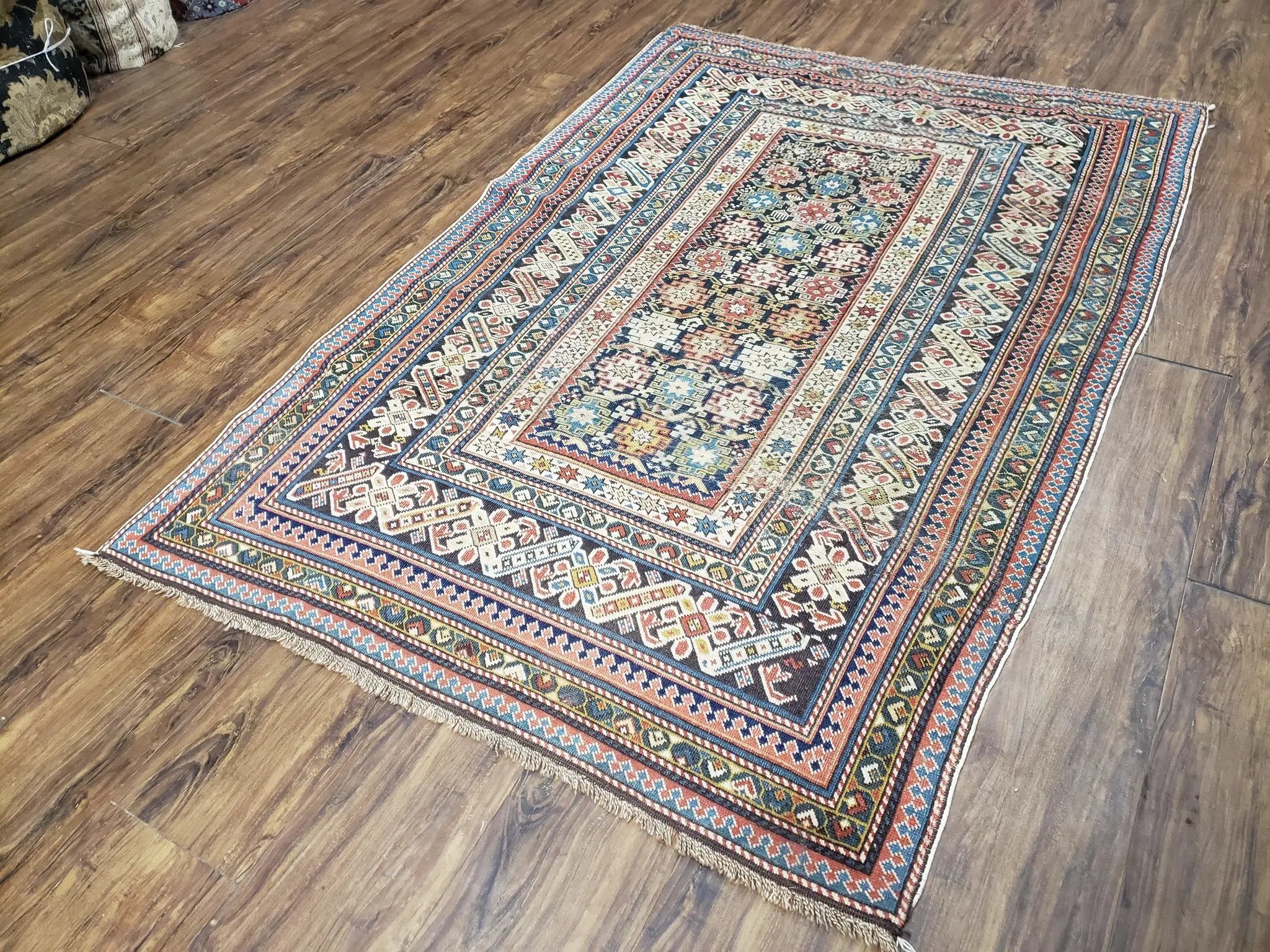 Caucasian Rug 3'9" x 5'7", Antique 1920s Collectible Caucasian Chi Chi Carpet, Hand Knotted, Colorful, Dark Blue Cream Red, Wool, Small Rug by Jewel Rugs