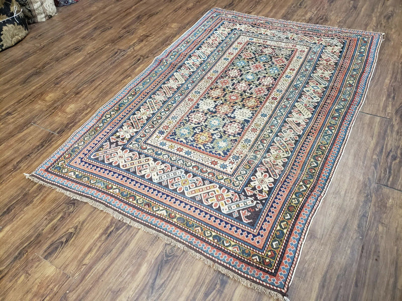 Caucasian Rug 3'9" x 5'7", Antique 1920s Collectible Caucasian Chi Chi Carpet, Hand Knotted, Colorful, Dark Blue Cream Red, Wool, Small Rug by Jewel Rugs