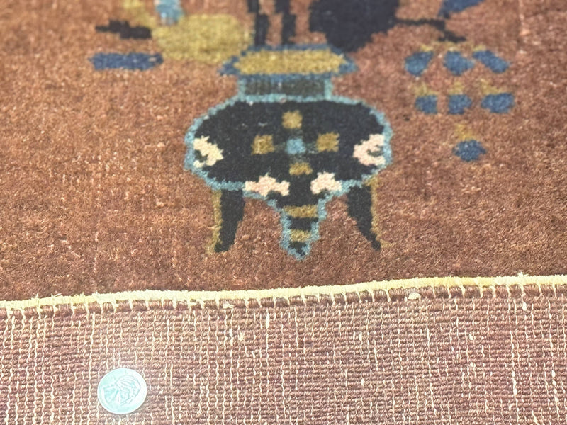 Antique Chinese Wool Rug 9x12, Light Brown and Navy Blue, Fete Peking Art Deco by Jewel Rugs