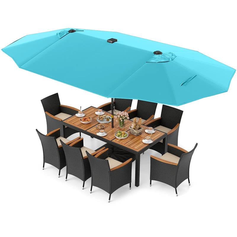 11 Pieces Patio Dining Set with LED Patio Umbrella with Base and Seat Cushions (Beige) by DirectDeals