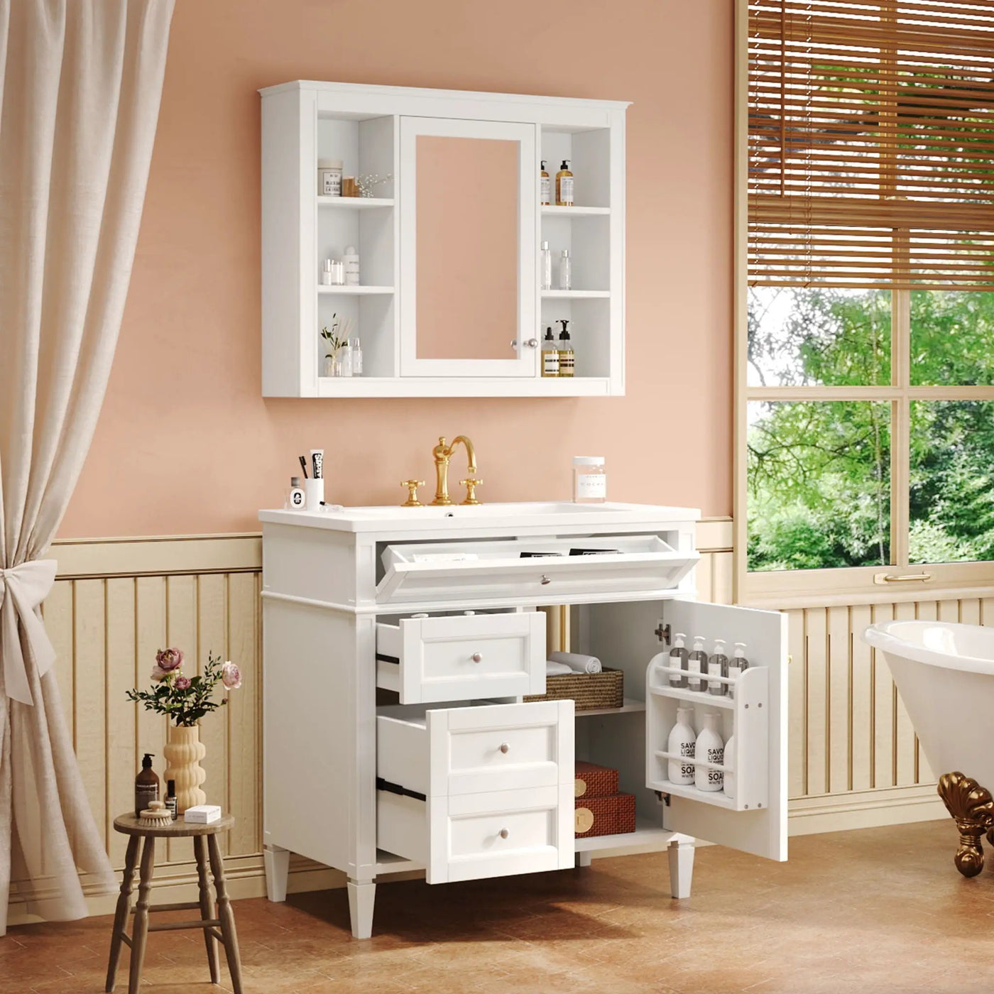 Bathroom Vanity With Mirror Cabinet, Single Sink With 2 Soft Closing Doors And 4 Drawers by HouseOfZazla