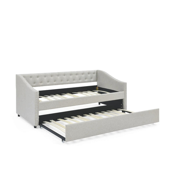 Upholstered Tufted Daybed With Drawers, Waved Arms
