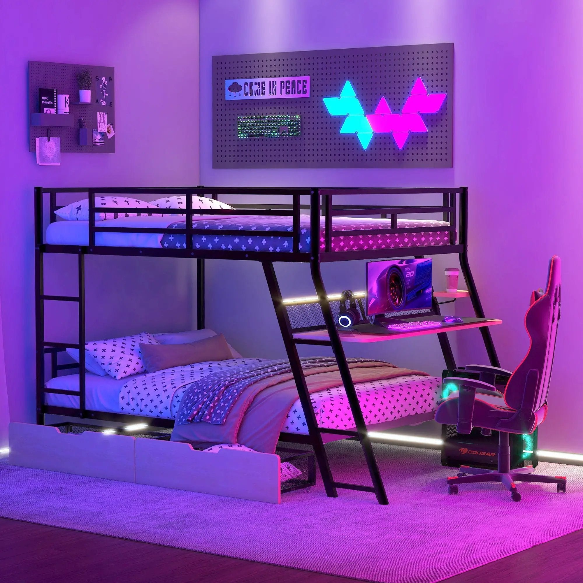 Full Size Bunk Bed With Built In Desk, Light, And 2 Drawers - Black by HouseOfZazla