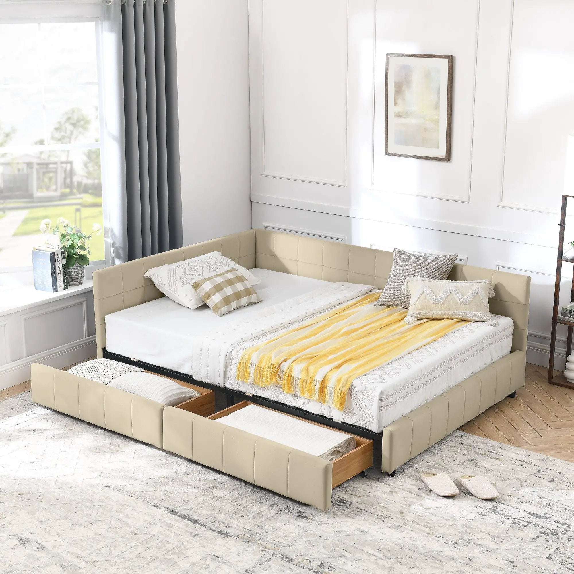 Mid-Century Storage Upholstered Tufted Bed Frame With Backrest And Armrests by Unique Piece Furniture