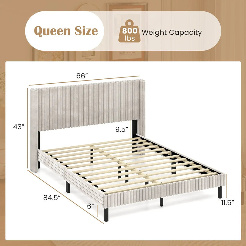 Queen Size Velvet Bed Frame with Vertical Channel Tufted Wingback Headboard-White by DirectDeals
