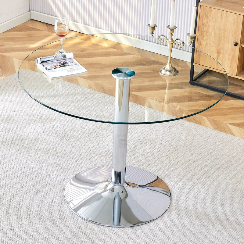 Modern Minimalist Circular Dining Table With Glass Top And Electroplated Metal Legs For Restaurants And Living Rooms - Silver / Transparent by Unique Piece Furniture