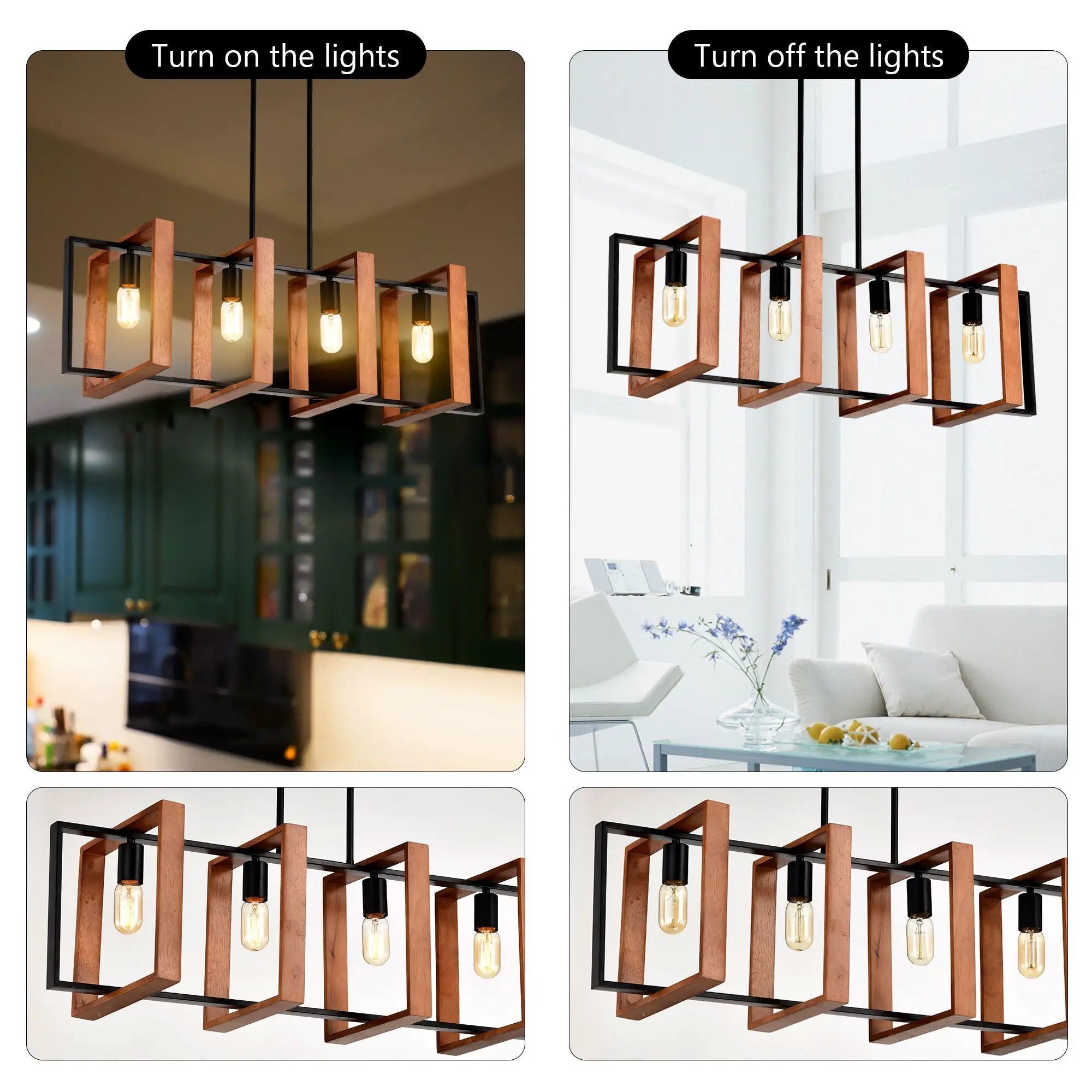 4 Light Kitchen Island Lights Pendant Light Farmhouse Dining Room Light Fixture, Rectangular Chandelier, 36" Hanging Lighting For Living Room, Conference Room, Home Office - Matte Black by HouseOfZazla