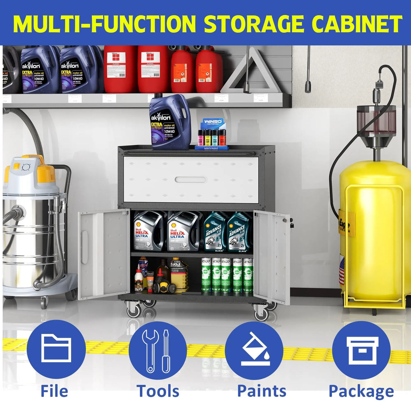Sturdy And Durable Metal Tool Cabinet For Garage With Wheels Mobile Heavy Duty Storage Cabinet With 1 Drawer And 2 Locking Doors by HouseOfZazla