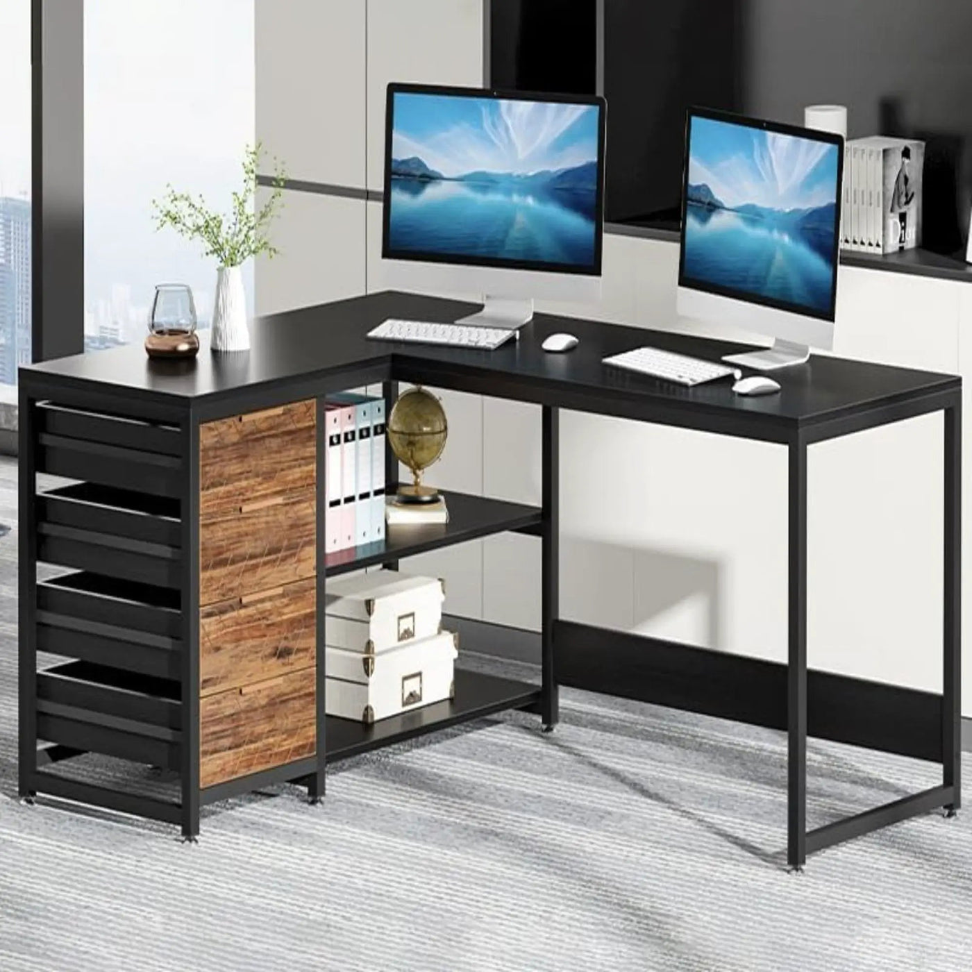 L-Shaped Computer Desk With Drawers And Shelves, Workstation For Home Office by HouseOfZazla