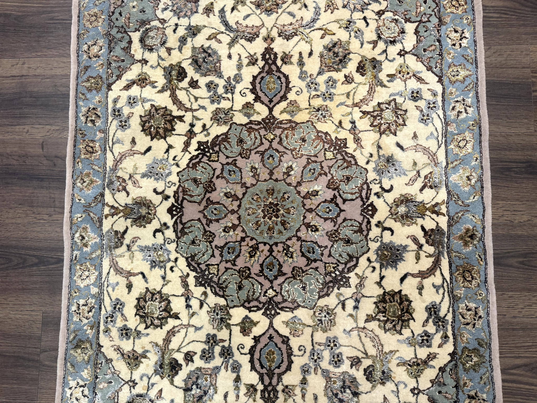 Persian Isfahan Rug 3x5, Fine 310 KPSI, Kork Wool Silk Foundation, Cream & Light Green by Jewel Rugs