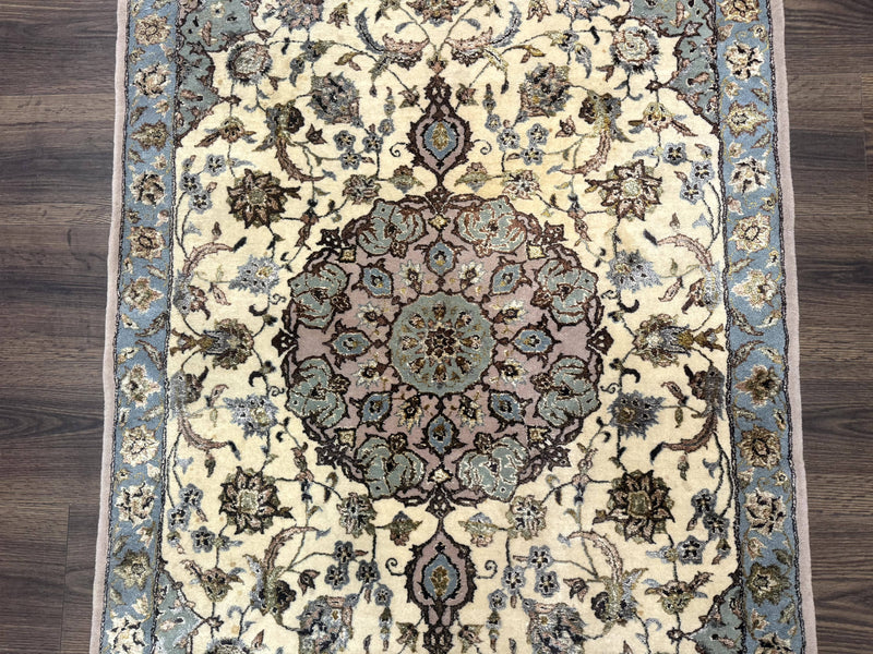Persian Isfahan Rug 3x5, Fine 310 KPSI, Kork Wool Silk Foundation, Cream & Light Green by Jewel Rugs
