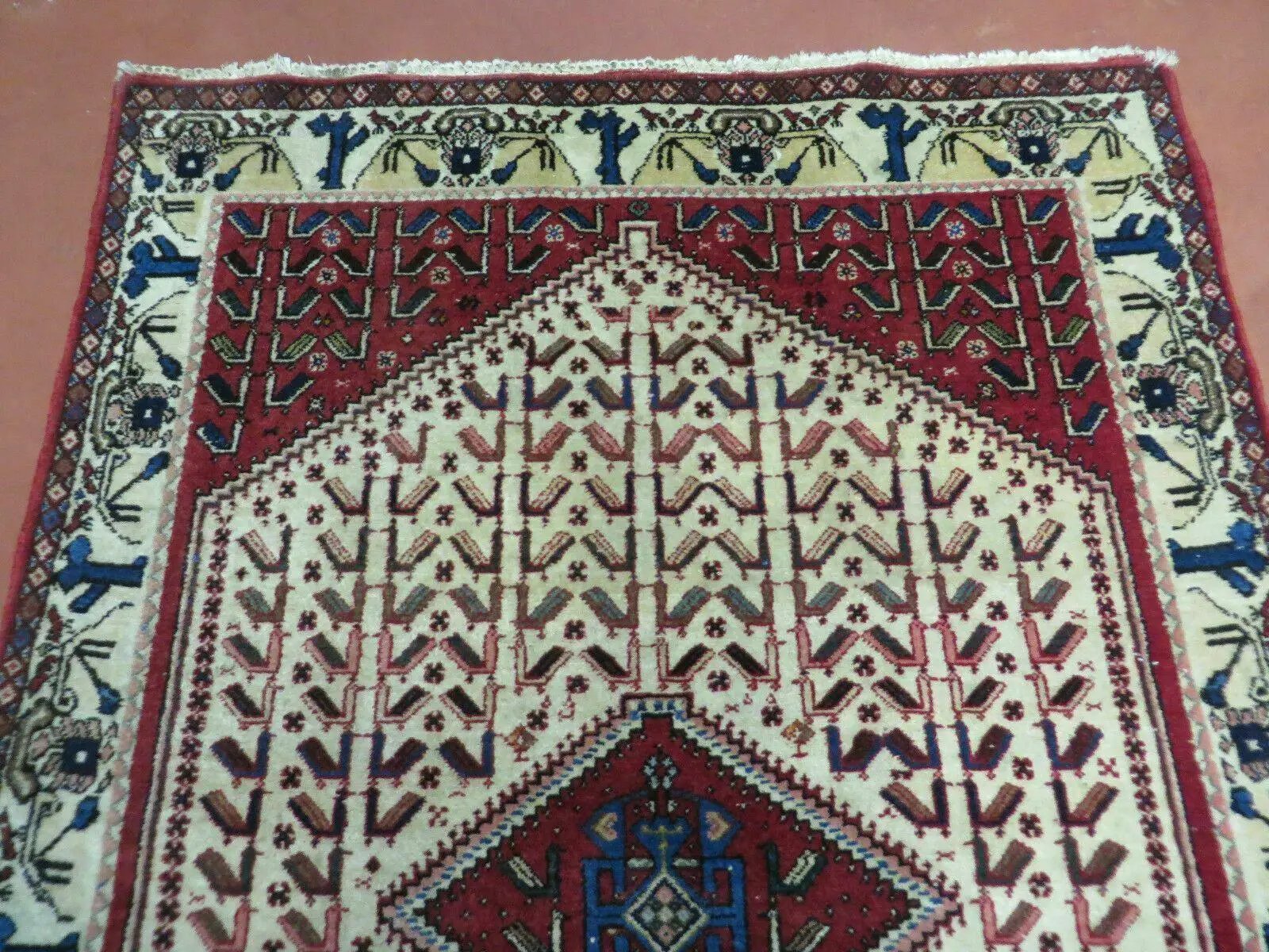 3' X 5' Vintage Handmade India Geometric Oriental Wool Rug Nice Birds Ivory Red by Jewel Rugs