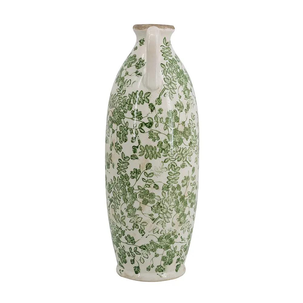 5.9x5.9x15.6' White Ceramic Flower Vase with Green Floral Pattern and Small Handles by HouseOfZazla