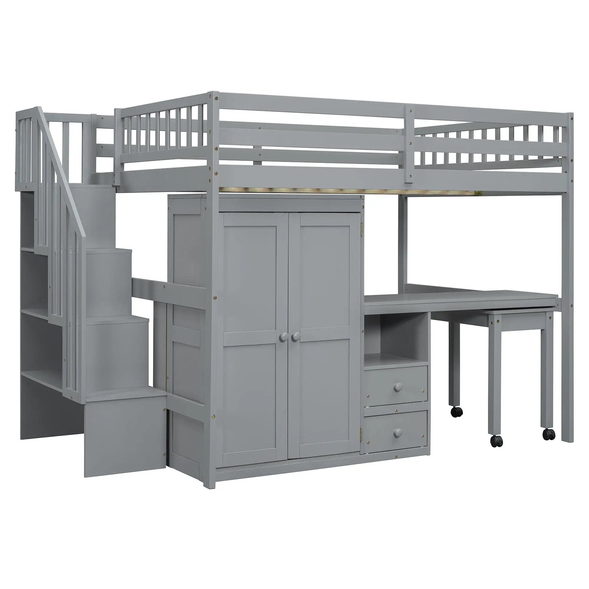 Loft Bed With Stairs, Bookshelf, Drawers, Desk & Wardrobe, Space Saving Multifunctional Furniture by HouseOfZazla