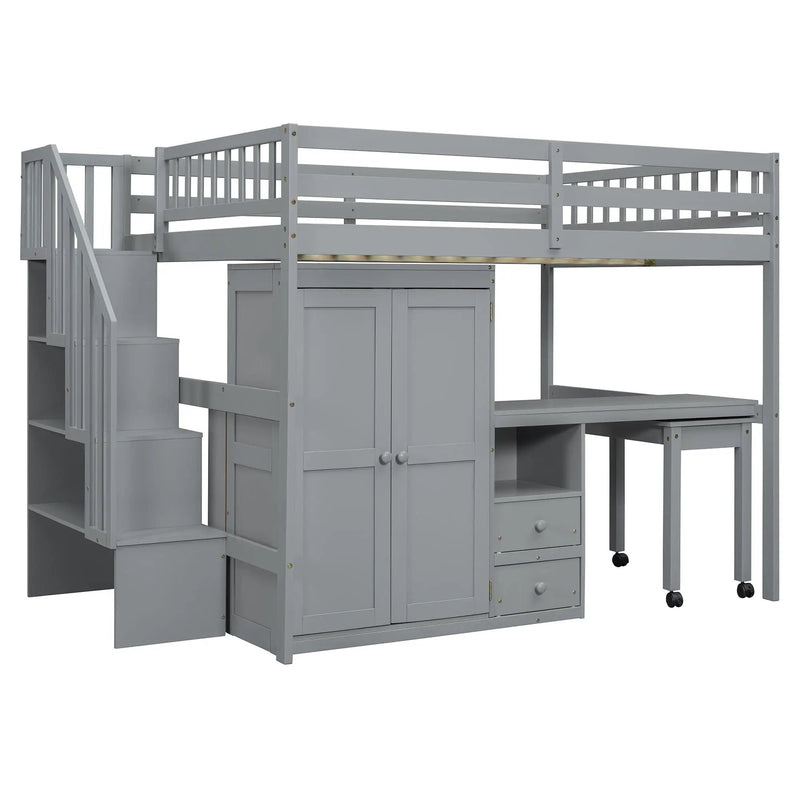 Loft Bed With Stairs, Bookshelf, Drawers, Desk & Wardrobe, Space Saving Multifunctional Furniture by HouseOfZazla