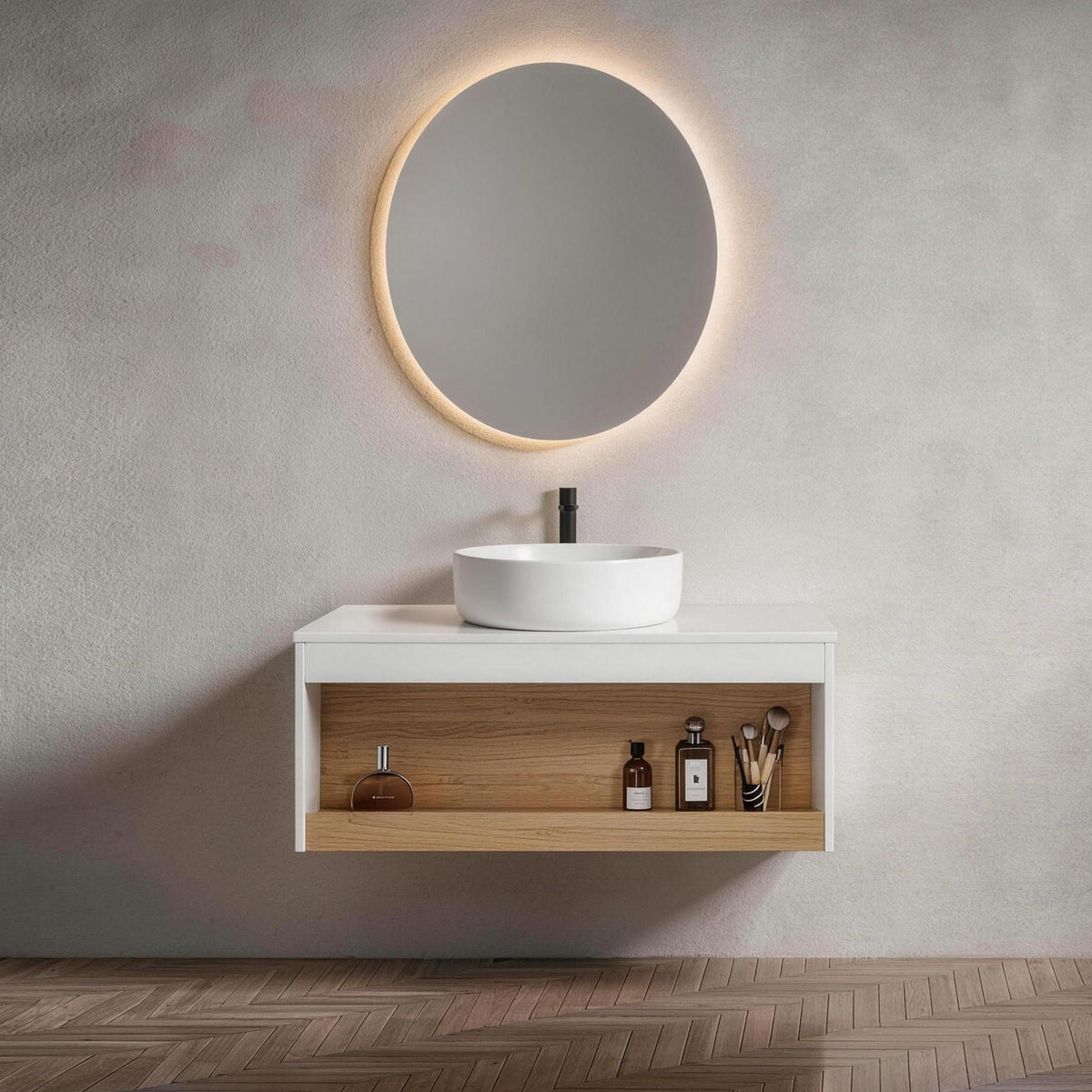 Floating Bathroom Vanity With Glossy Round Vessel Sink, photo 30 of 40