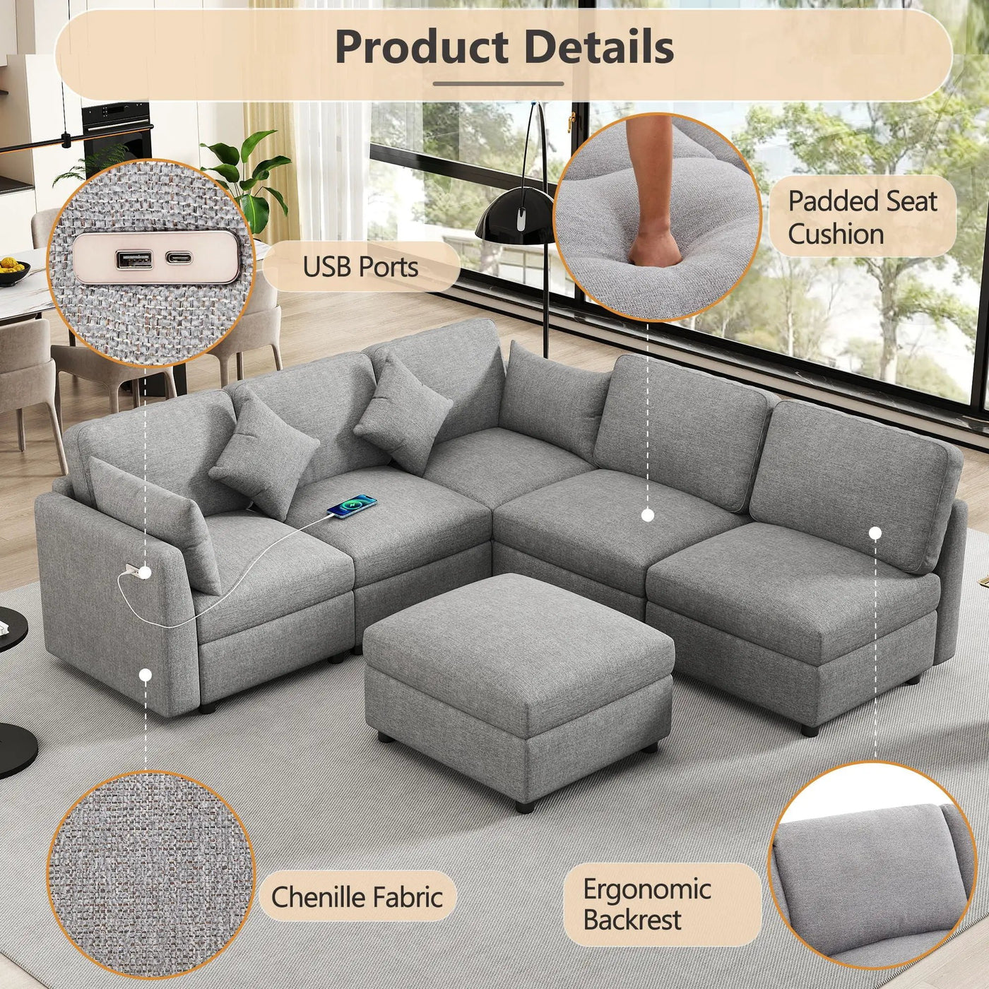 Sectional Sofa Modular U-Shaped With Ottoman & USB Ports by Unique Piece Furniture