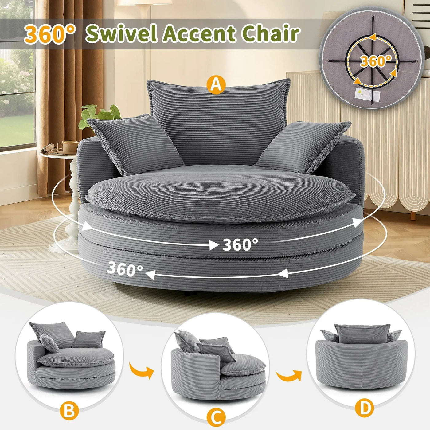 360° Swivel Accent Barrel Chair With Dual Layer Cushion And 3 Removable Pillows by Unique Piece Furniture