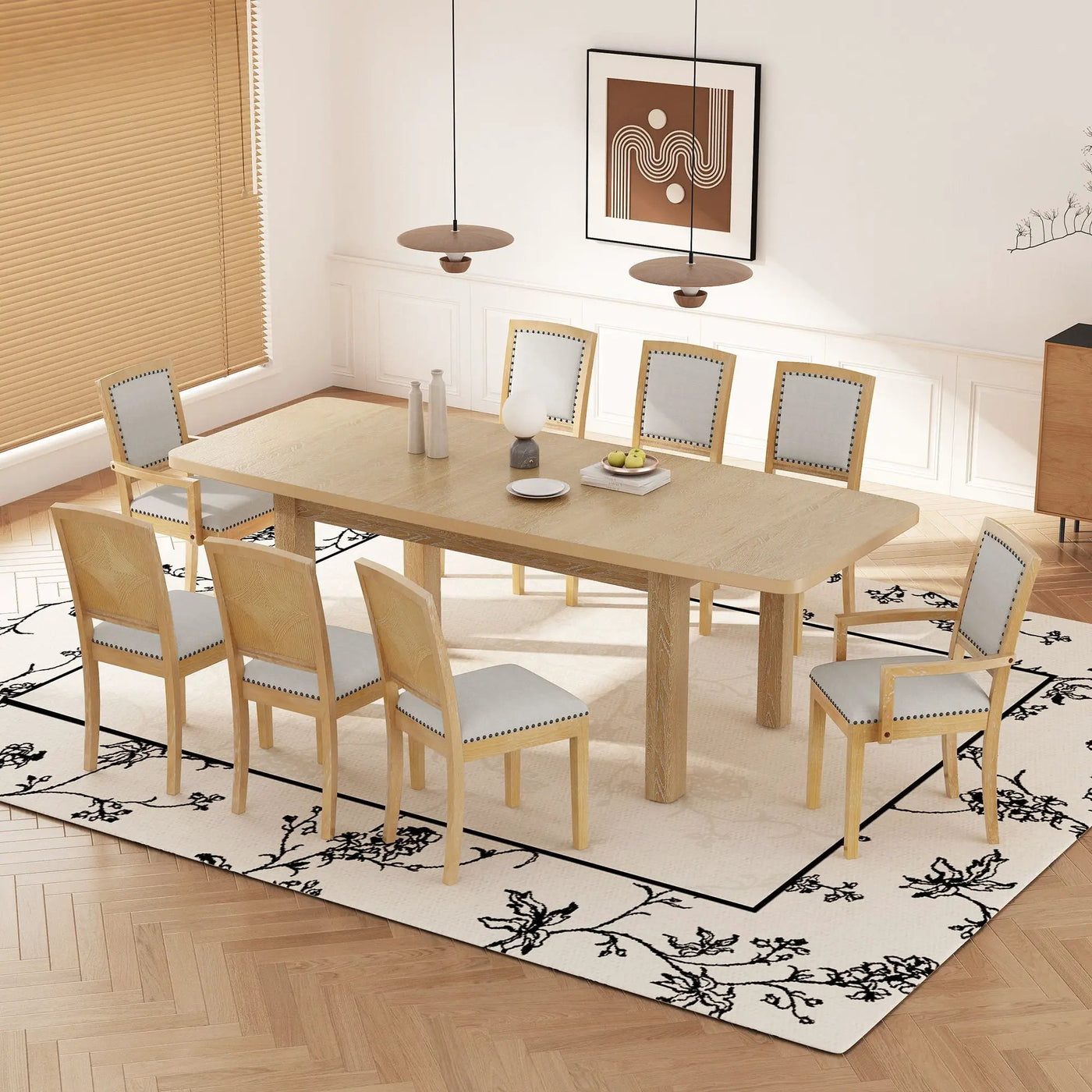 Topmax - Rustic Extendable Dining Table Set With Removable Leaf, 6 Upholstered Armless Dining Chairs And 2 Padded Arm Chairs, 9 Pieces by Unique Piece Furniture