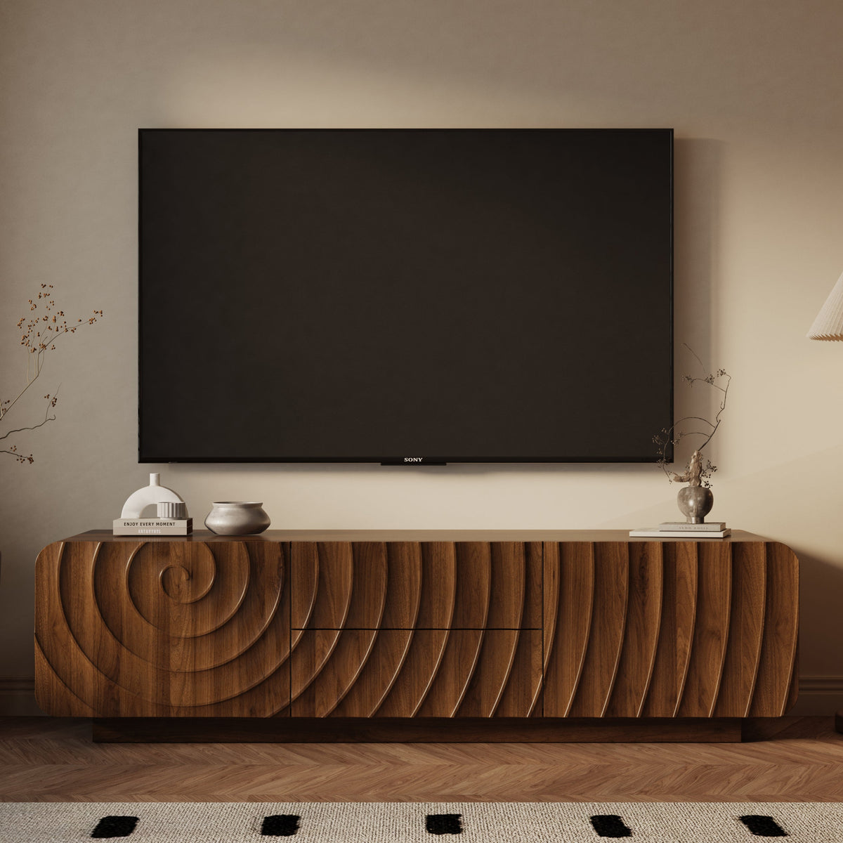 58" Spiral Wave TV Console with Storage Cabinet and 2 Drawers - Natural Finish, photo 2 of 10