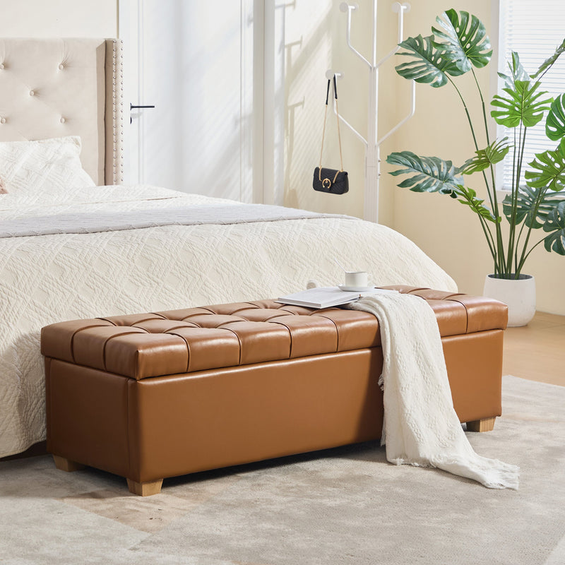 60.2'' Wide Upholstered PU Storage End of Bed Bench, Tufted Flip-Top Accent Window Bench Footrest Stool Ottoman with Legs for Living Room, Bedroom, Entryway, Dining Room, Dorm, Corner, Burnt