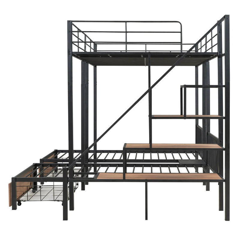 Full Over Twin-Twin Triple Bunk Bed With Drawers And Staircase - Black by HouseOfZazla