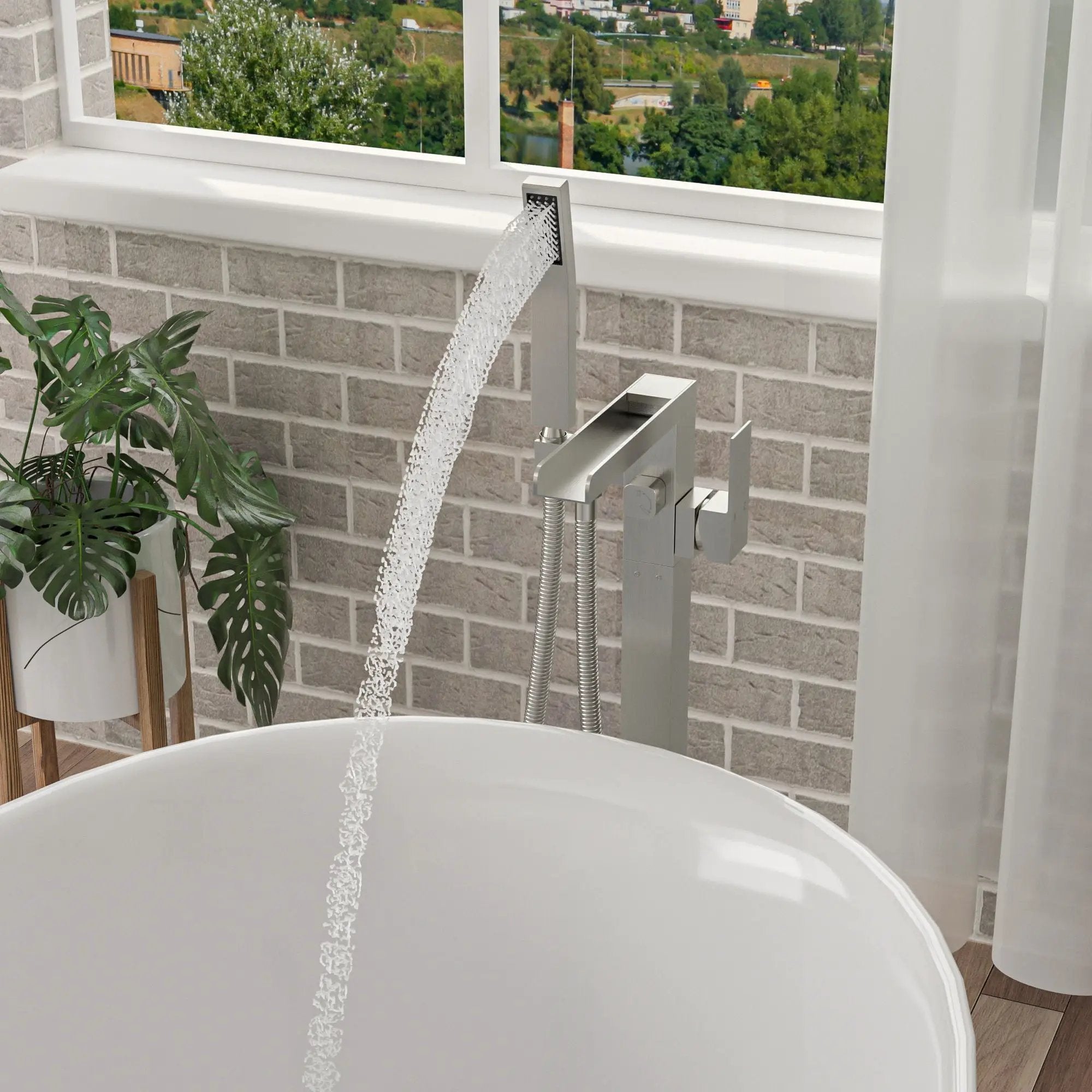 Freestanding Bathtub Faucet Waterfall Tub Filler Floor Mount Solid Brass With Hand Shower - Brushed Nickel by HouseOfZazla