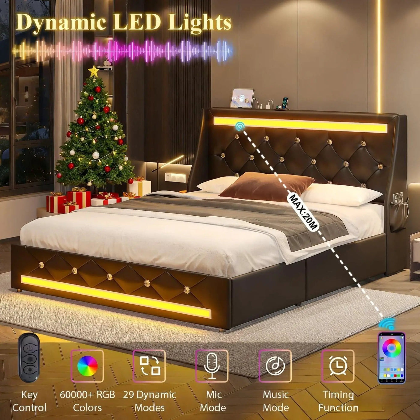 Wingback Upholstered Bed Frame With LED Lights, Charging Station by HouseOfZazla