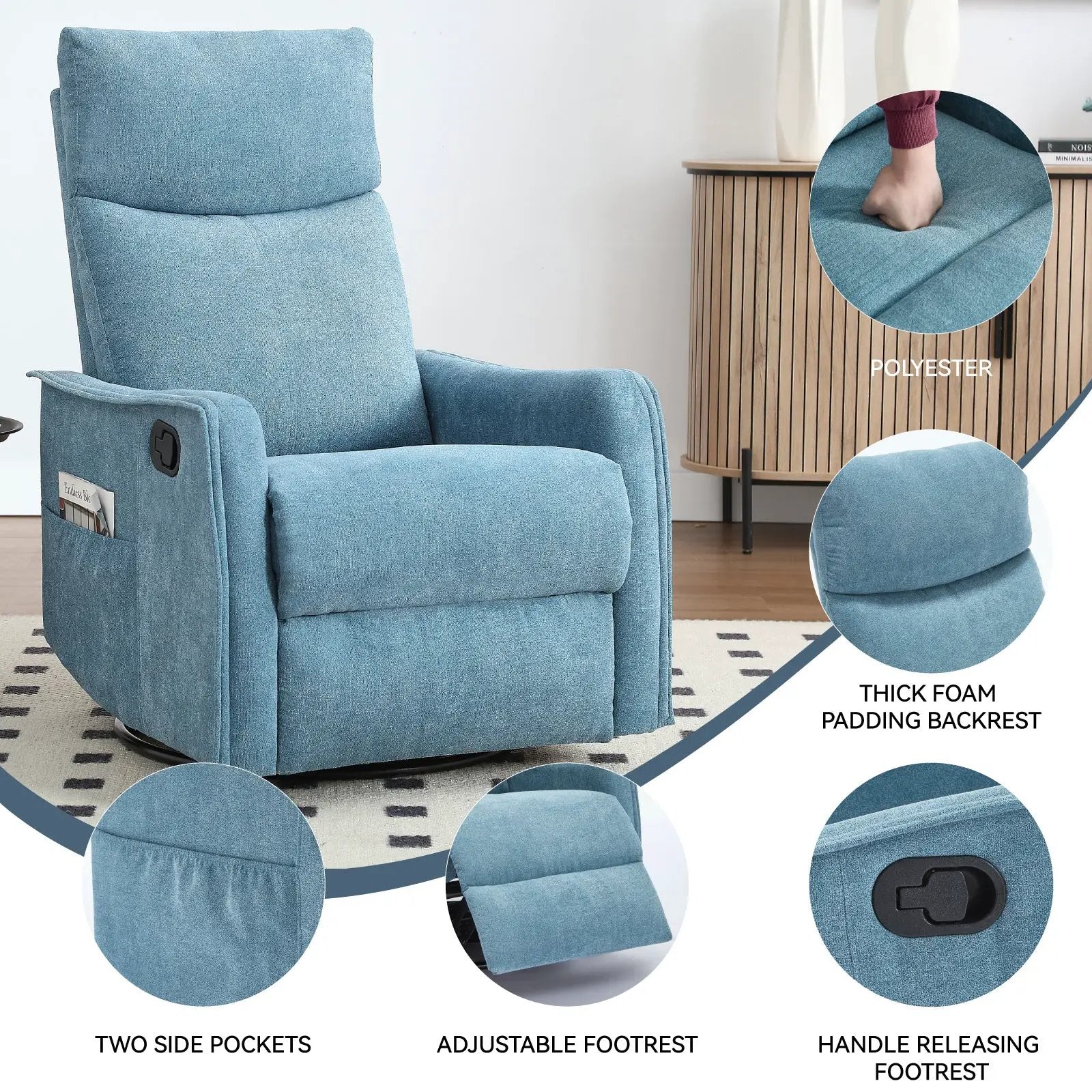 Heat Massage Manual Recliner Chair with Rocker and Swivel in Fabric for Living Room by HouseOfZazla