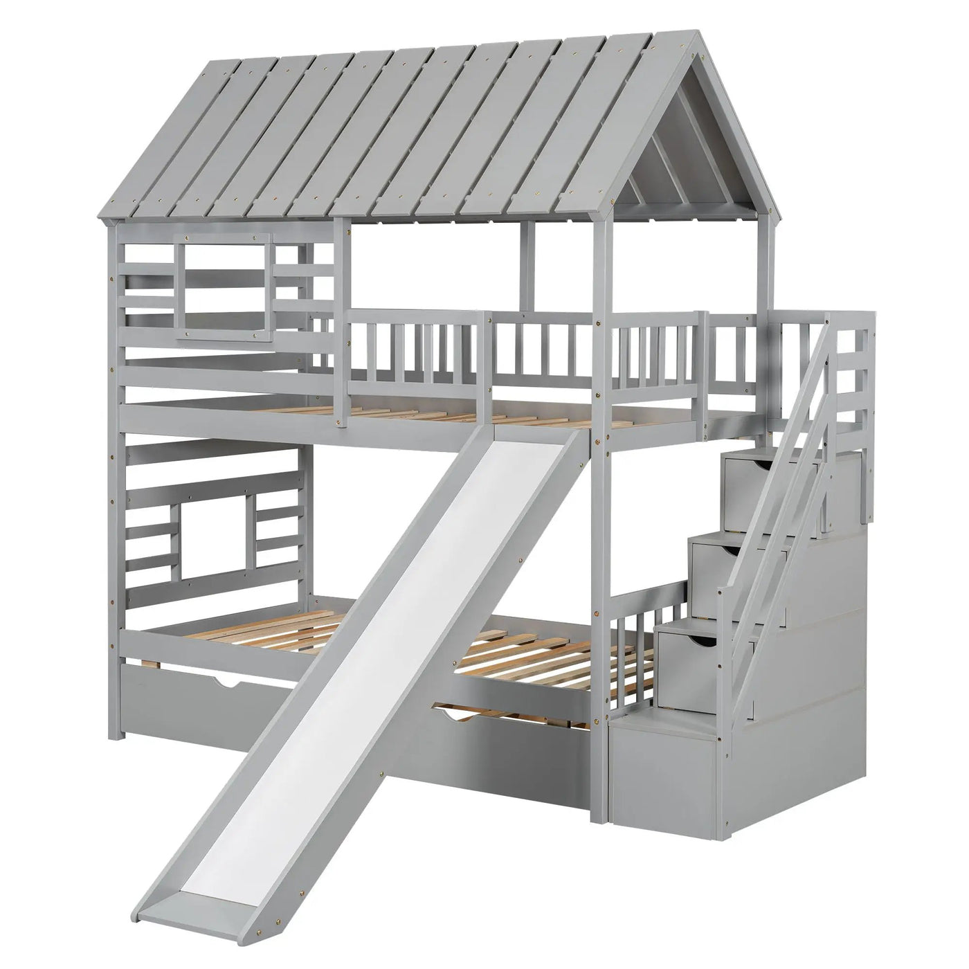House Bunk Bed With Trundle, Storage Staircase, Roof And Window Design by HouseOfZazla