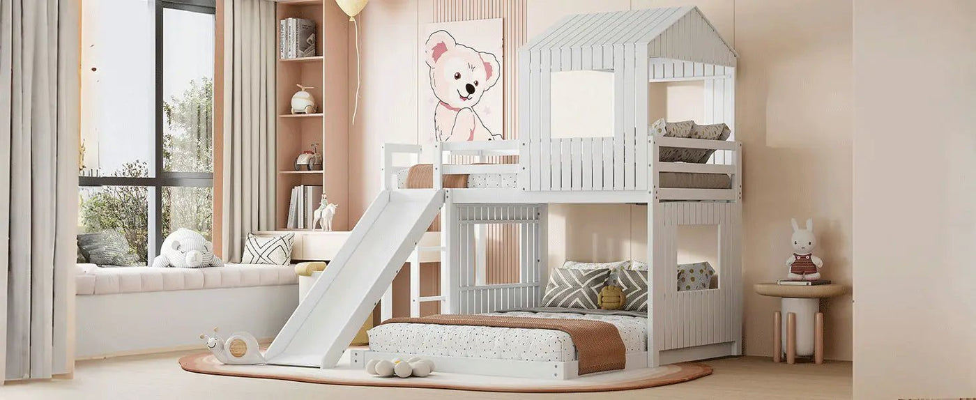 Loft Bunk Bed With Playhouse, Farmhouse, Ladder, Slide And Guardrails by HouseOfZazla