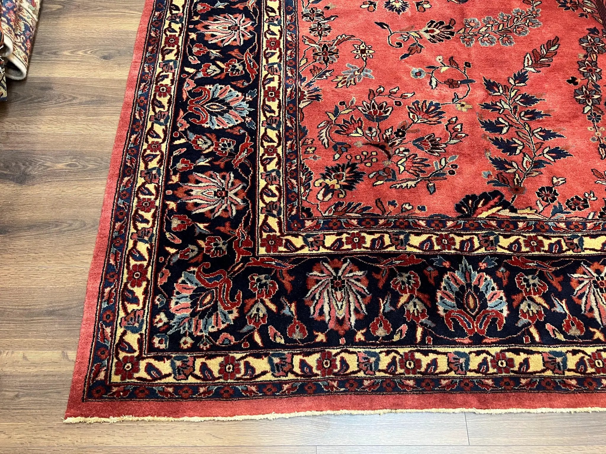 Indo Sarouk Rug 10x14, Vintage Indian Persian Area Rug 10 x 14, Wool Hand-Knotted Oriental Carpet, Red Floral Allover Large Rug, Beautiful by Jewel Rugs