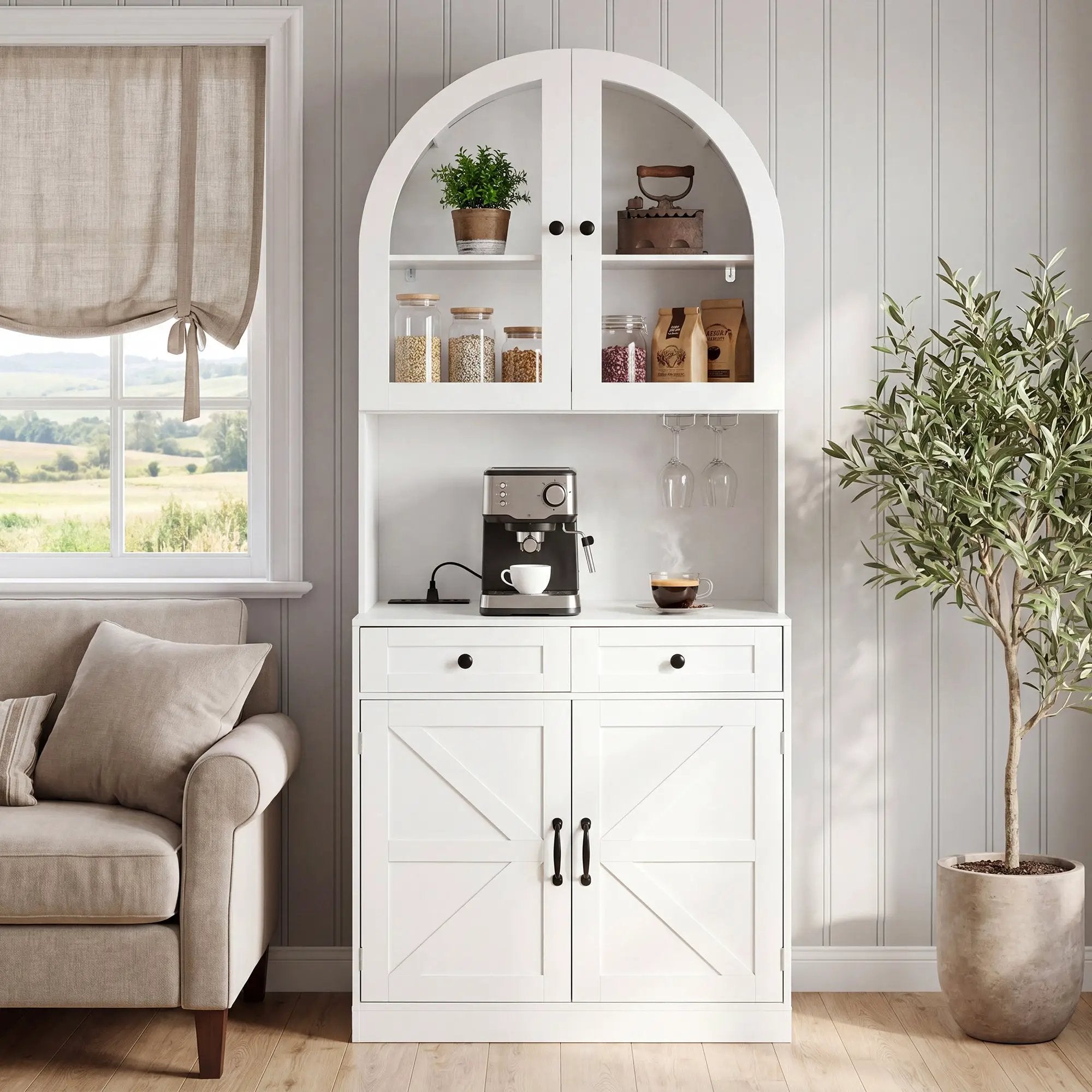 75" Farmhouse Tall Arched Pantry Cabinet with Charging Station by HouseOfZazla