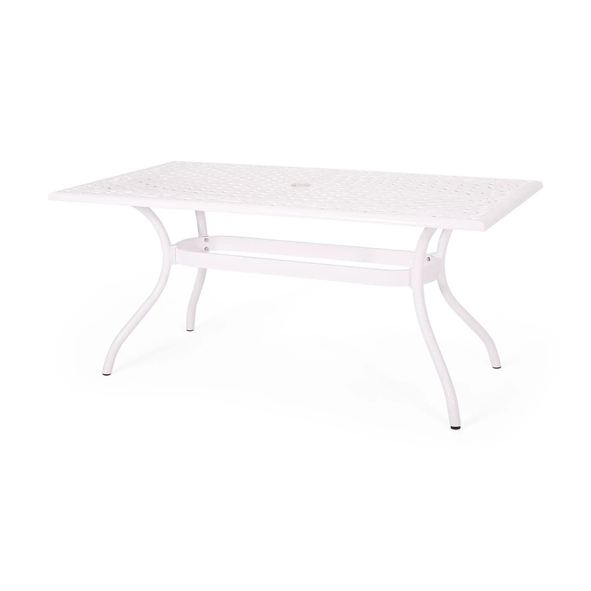 Celestine Outdoor Cast Aluminum Dining Table with Floral Lattice Design and Umbrella Holder by HouseOfZazla