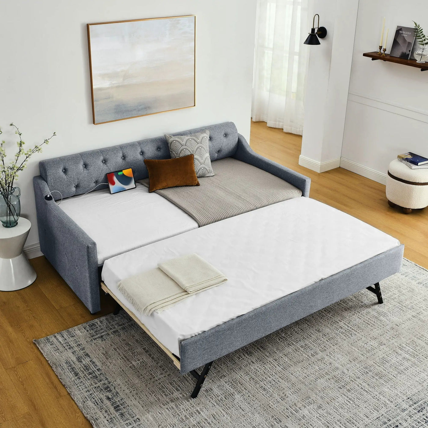 Size Upholstered Daybed With Trundle And USB Charging Armrest by HouseOfZazla