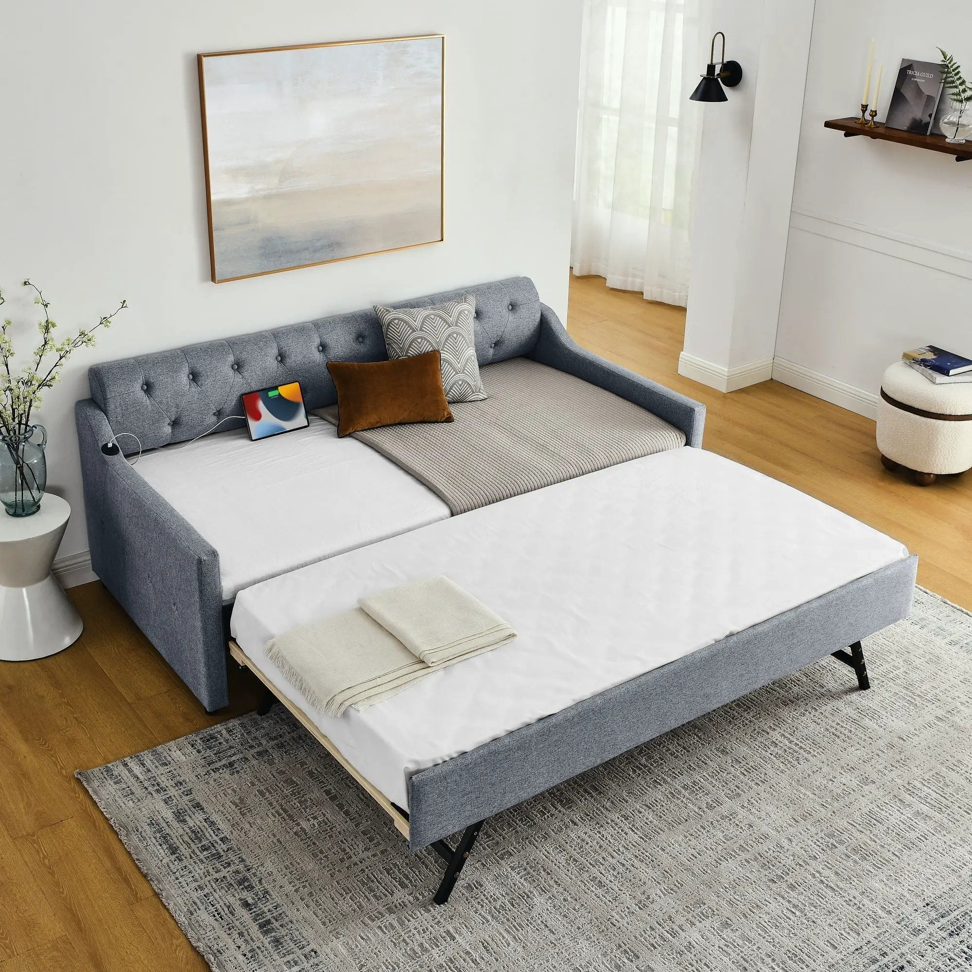 Size Upholstered Daybed With Trundle And USB Charging Armrest by HouseOfZazla