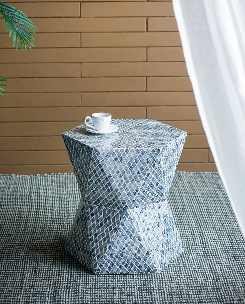 19x19x20" Tapered Blue Garden Capiz Stool, Accent Side Table by HouseOfZazla