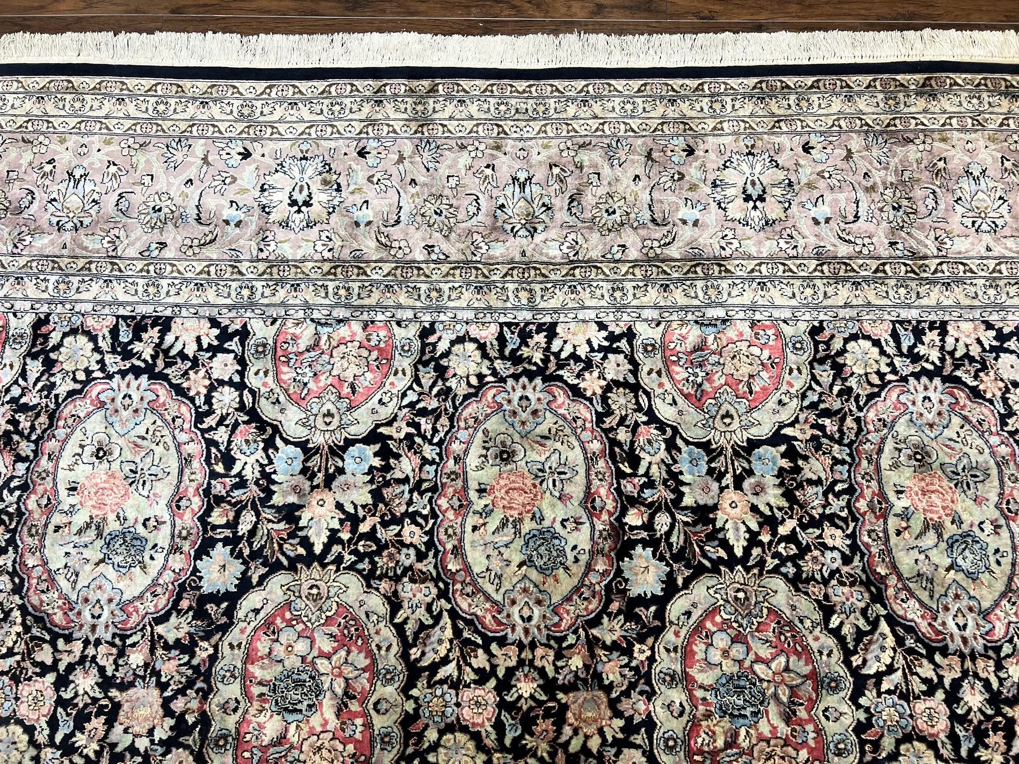 Sino Persian Rug 9x12, Navy Blue and Pink Hand Knotted Wool and Silk Highlights Vintage Oriental Carpet, Handmade Floral Area Rug 9 x 12 ft by Jewel Rugs